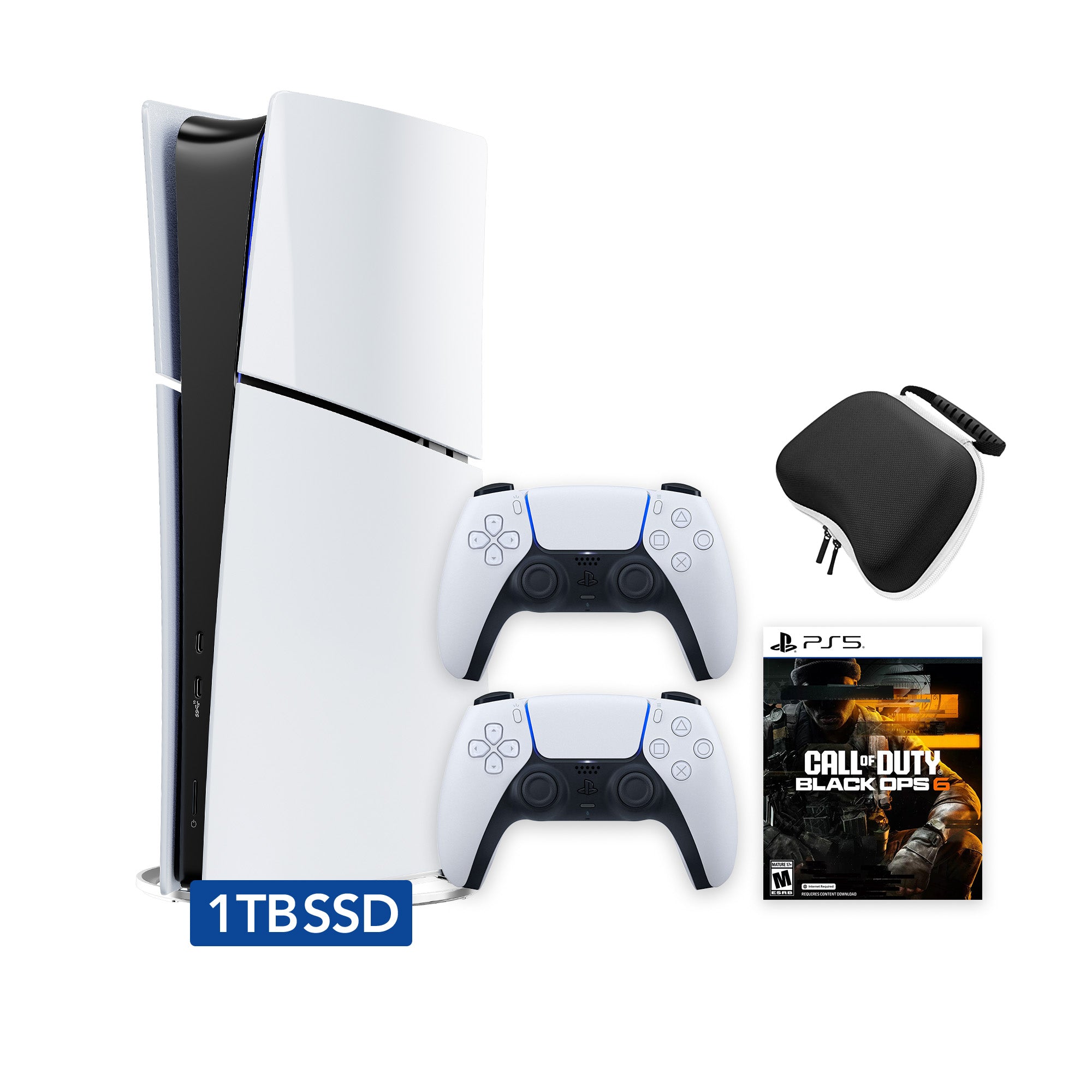 PlayStation 5 Slim Digital 1TB SSD Call of Duty Black Ops 6 Console with Two DualSense Controllers and Hard Shell Protective Controller Case - PS5 Slim Digital Console PlayStation 5 Slim Digital 1TB SSD Call of Duty Black Ops 6 Console with Two DualSense Controllers and Hard Shell Protective Controller Case - PS5 Slim Digital Console